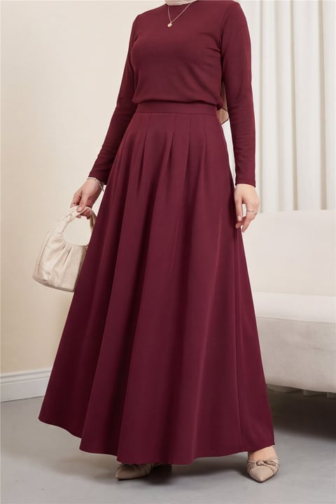 Fermuarlı Cepli Pliseli Krep Etek -Bordo-Etek-386-62120-R04
