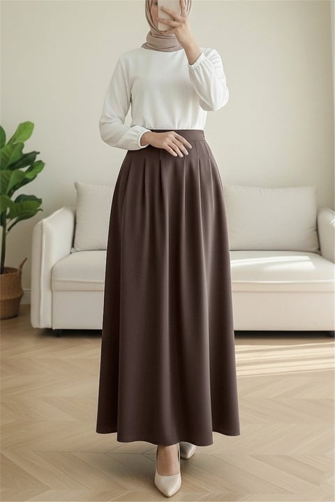 Fermuarlı Cepli Pliseli Krep Etek -K. Kahve-Etek-386-62120-R54