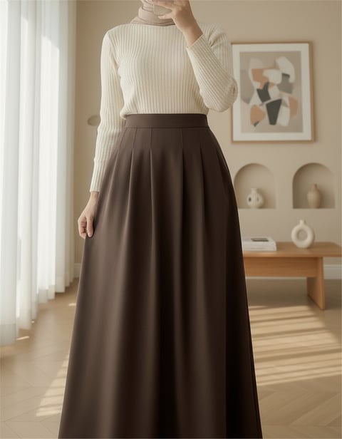Fermuarlı Cepli Pliseli Krep Etek -K. Kahve-Etek-386-62120-R54