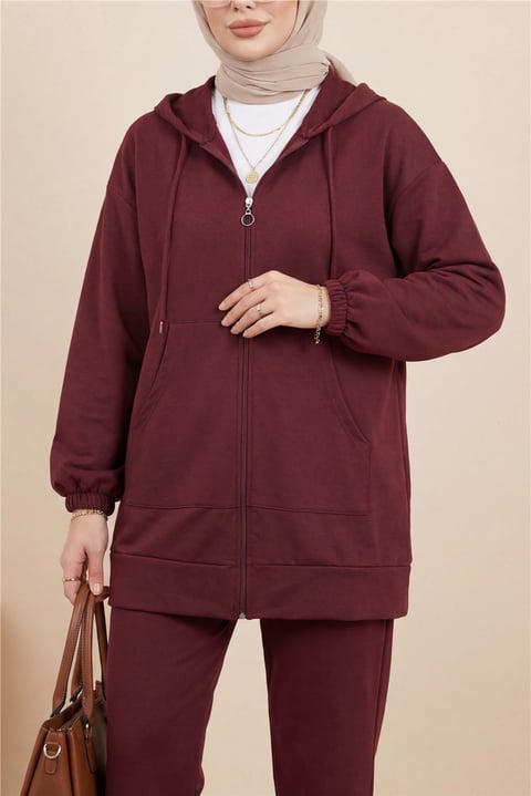 Fermuarlı Kapşonlu Penye Takım      -Bordo-Takım-349-4070-R04