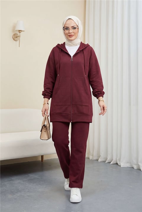 Fermuarlı Kapşonlu Penye Takım      -Bordo-Takım-349-4070-R04