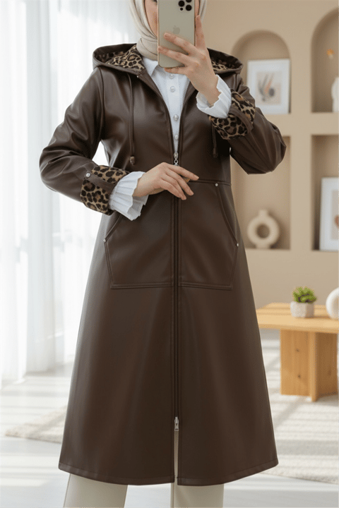 Fermuarlı Kolu Katlamalı Deri Kap  -Kahve-Trençkot-197-1266-R15