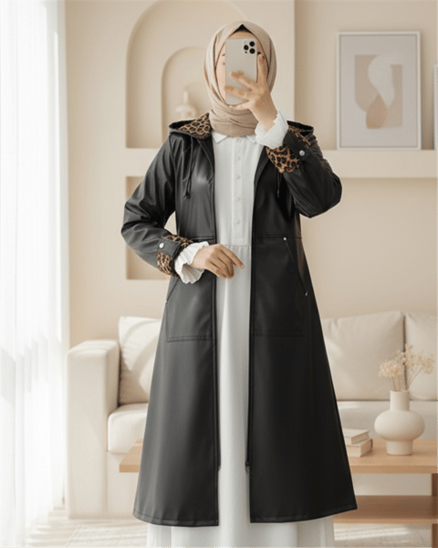 Fermuarlı Kolu Katlamalı Deri Kap -Siyah-Trençkot-197-1266-R01