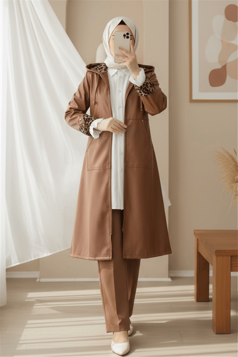 Fermuarlı Kolu Katlamalı Deri Kap  -Taba-Trençkot-197-1266-R12