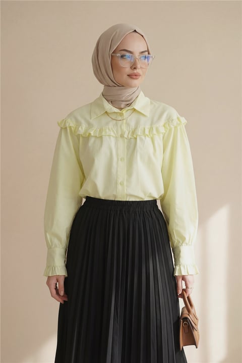 Gömlek-Fırfır Detaylı Düğmeli Kısa Gömlek -Sarı-432-25195-R22