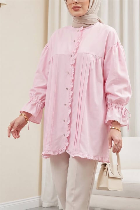 Fırfır Detaylı Kolu Bağcıklı Taş Düğmeli Cupra Tunik -Pembe-Tunik-307-0093-R20