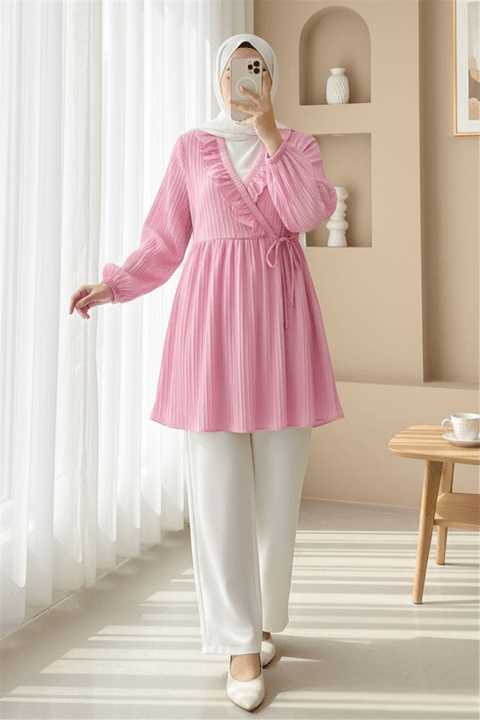 Fırfırlı Önü Bağcıklı Kolu Lastikli Kimono  -Pudra-Gömlek-398-1031-R06