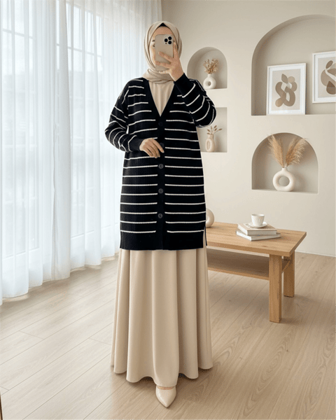 Fitilli Düğmeli Uzun Triko Hırka -Siyah-Triko Hırka-357-6137-R01