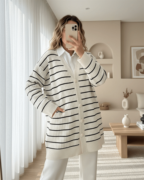 Fitilli Düğmeli Uzun Triko Hırka  -Taş-Triko Hırka-357-6137-R43
