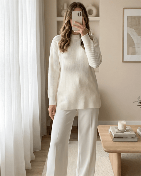 Fitilli Uzun Triko Kazak -Beyaz-Kazak-295-1320-R02