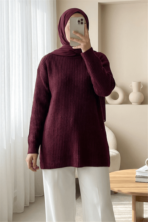 Fitilli Uzun Triko Kazak -Bordo-Kazak-295-1320-R04
