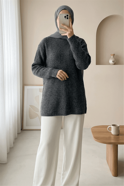 Fitilli Uzun Triko Kazak -Füme-Kazak-295-1320-R18