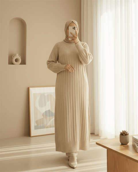 Fitilli Yırtmaçlı Uzun Triko Elbise  -Bej-Elbise-295-2409-R56