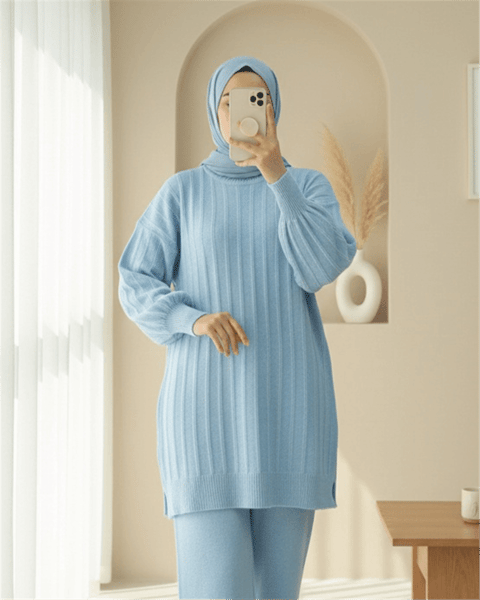 Fitilli Yırtmaçlı Yumoş Triko Tunik -Açık Mavi-Kazak-295-6026-R25