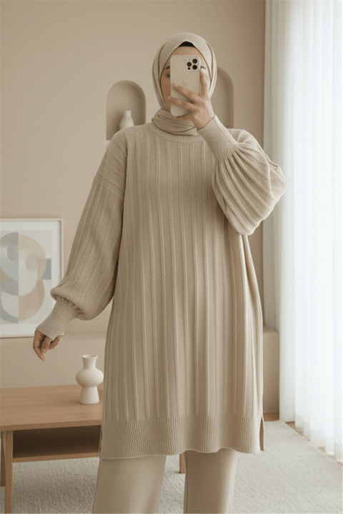Fitilli Yırtmaçlı Yumoş Triko Tunik -Açık Vizon-Kazak-295-6026-R51