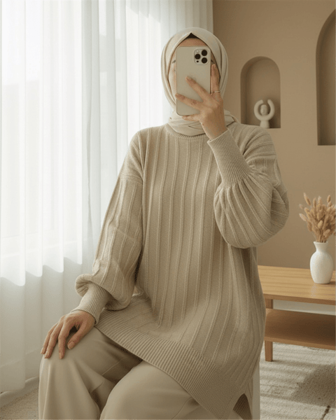 Fitilli Yırtmaçlı Yumoş Triko Tunik -Açık Vizon-Kazak-295-6026-R51