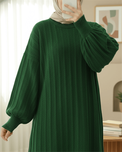 Fitilli Yırtmaçlı Yumoş Triko Tunik -Koyu Yeşil-Kazak-295-6026-R79