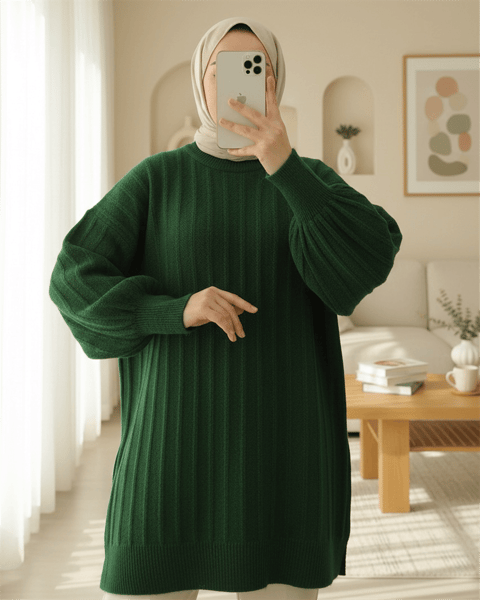 Fitilli Yırtmaçlı Yumoş Triko Tunik -Koyu Yeşil-Kazak-295-6026-R79