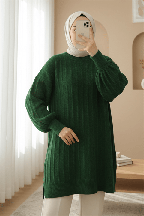 Fitilli Yırtmaçlı Yumoş Triko Tunik -Koyu Yeşil-Kazak-295-6026-R79