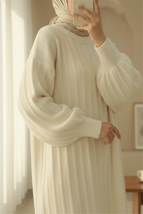 Fitilli Yırtmaçlı Yumoş Triko Tunik -Krem-Kazak-295-6026-R28