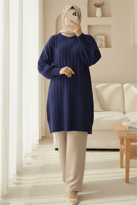 Fitilli Yırtmaçlı Yumoş Triko Tunik -Laci-Kazak-295-6026-R03