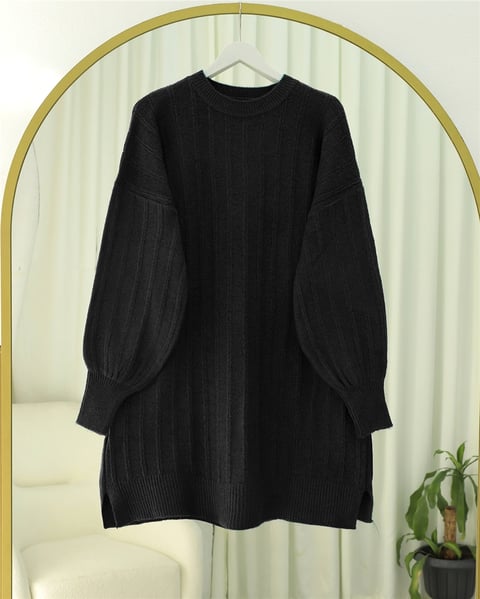 Fitilli Yırtmaçlı Yumoş Triko Tunik -Siyah-Kazak-295-6026-R01