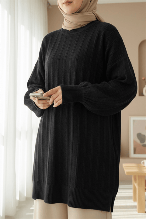 Fitilli Yırtmaçlı Yumoş Triko Tunik -Siyah-Kazak-295-6026-R01