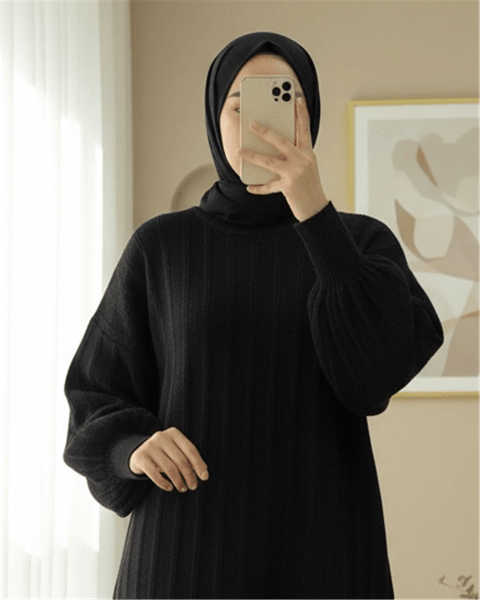 Fitilli Yırtmaçlı Yumoş Triko Tunik -Siyah-Kazak-295-6026-R01