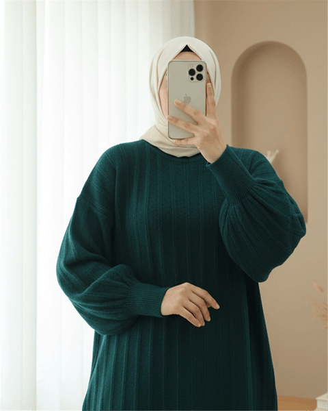 Fitilli Yırtmaçlı Yumoş Triko Tunik -Zümrüt-Kazak-295-6026-R17