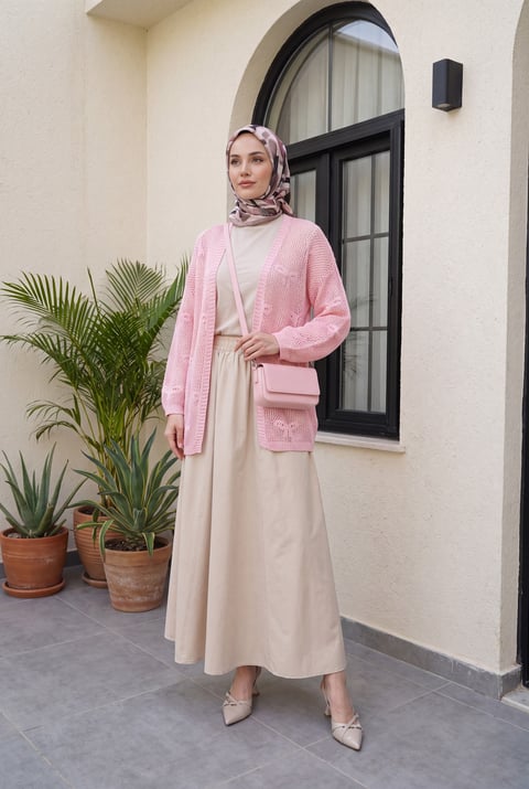 Fiyonk Desenli Ajurlu Triko Hırka   -Pembe