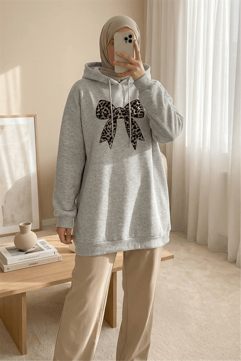 Fiyonk Detaylı Kapşonlu Penye Sweat  -Açık Gri-Sweatshirt-349-5286-R41
