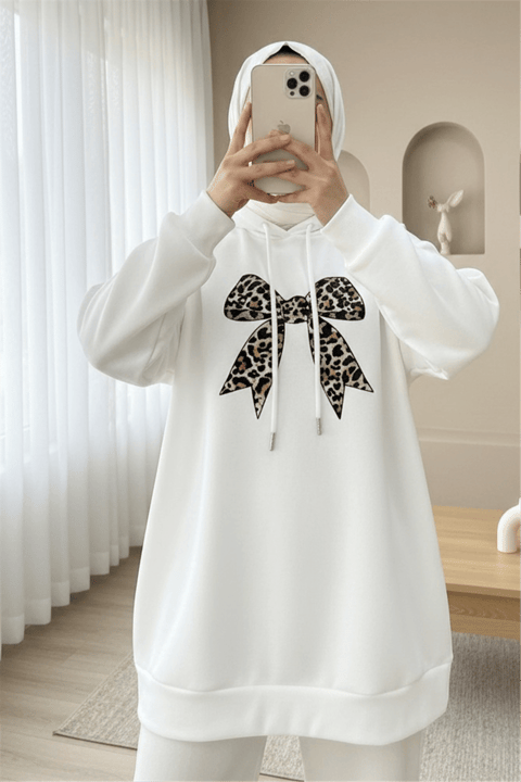 Fiyonk Detaylı Kapşonlu Penye Sweat -Beyaz-Sweatshirt-349-5286-R02