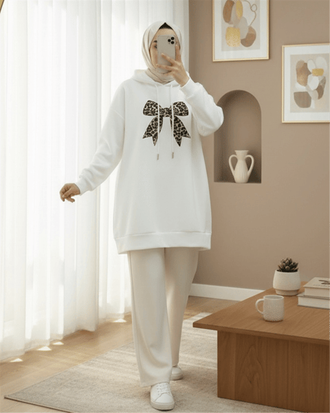 Fiyonk Detaylı Kapşonlu Penye Sweat -Beyaz-Sweatshirt-349-5286-R02