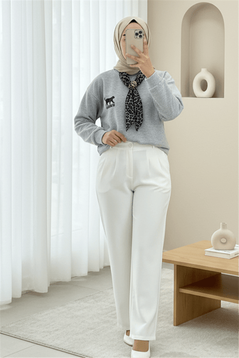 Fularlı Leopar Armalı 3 İplik Sweat -Açık Gri-Sweatshirt-349-5288-R41