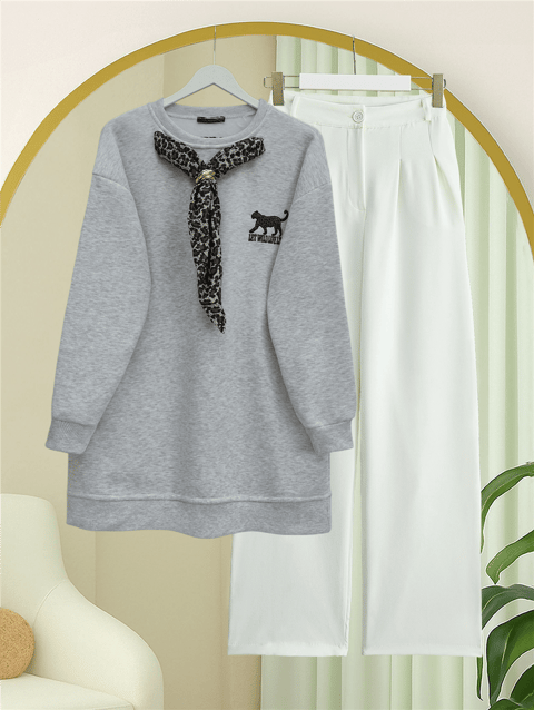 Fularlı Leopar Armalı 3 İplik Sweat -Açık Gri-Sweatshirt-349-5288-R41
