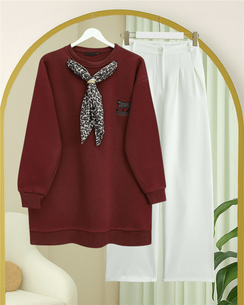 Fularlı Leopar Armalı 3 İplik Sweat -Bordo-Sweatshirt-349-5288-R04