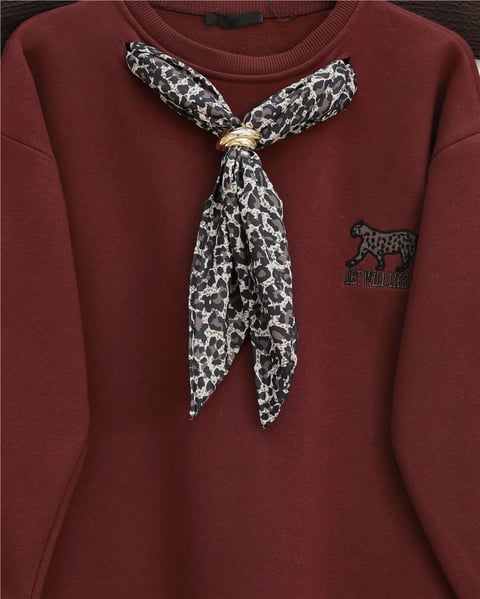 Fularlı Leopar Armalı 3 İplik Sweat -Bordo-Sweatshirt-349-5288-R04