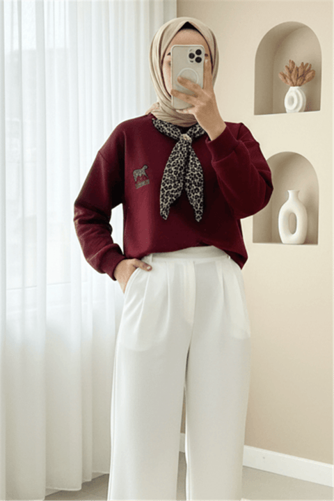 Fularlı Leopar Armalı 3 İplik Sweat -Bordo-Sweatshirt-349-5288-R04