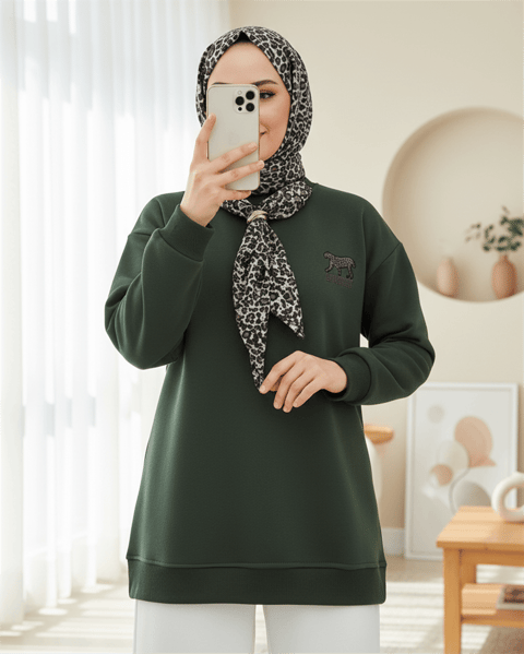 Fularlı Leopar Armalı 3 İplik Sweat -Haki-Sweatshirt-349-5288-R05