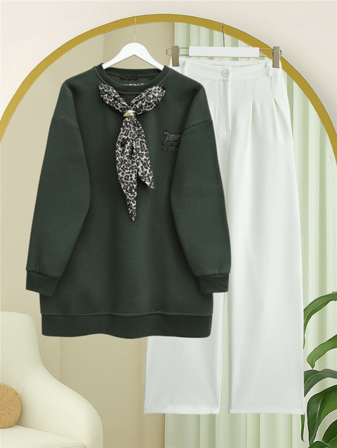 Fularlı Leopar Armalı 3 İplik Sweat -Haki-Sweatshirt-349-5288-R05