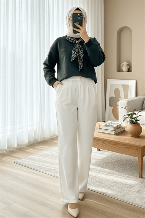 Fularlı Leopar Armalı 3 İplik Sweat -Haki-Sweatshirt-349-5288-R05