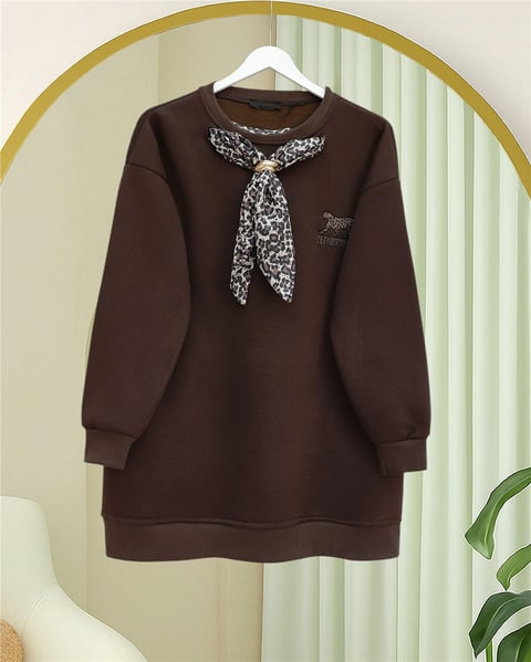 Fularlı Leopar Armalı 3 İplik Sweat -K. Kahve-Sweatshirt-349-5288-R54