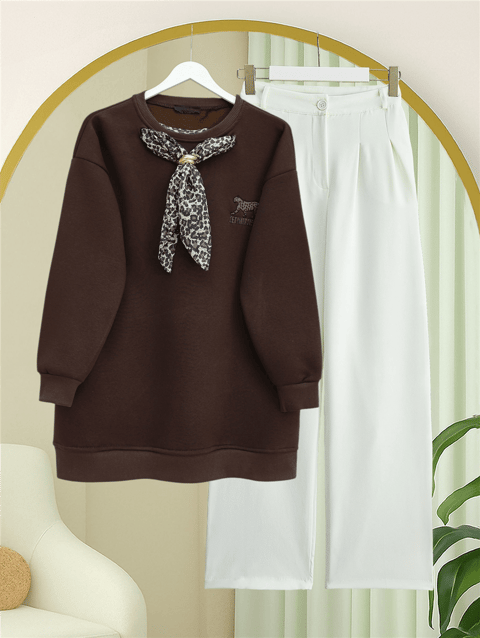 Fularlı Leopar Armalı 3 İplik Sweat -K. Kahve-Sweatshirt-349-5288-R54