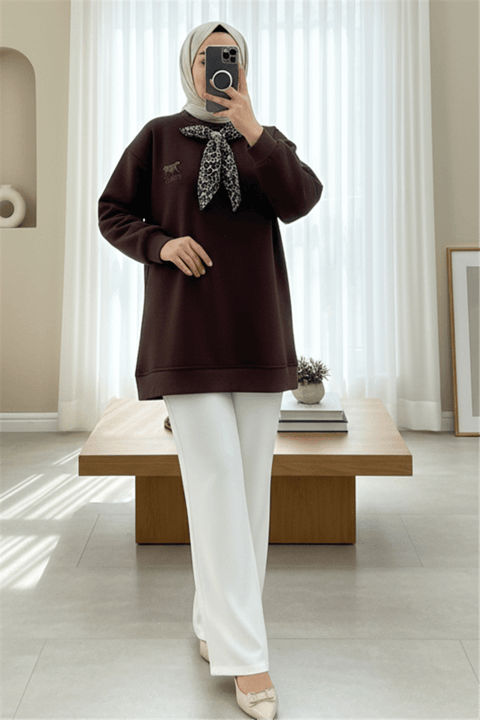 Fularlı Leopar Armalı 3 İplik Sweat -K. Kahve-Sweatshirt-349-5288-R54