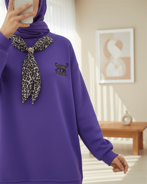 Fularlı Leopar Armalı 3 İplik Sweat  -Mor-Sweatshirt-349-5288-R34