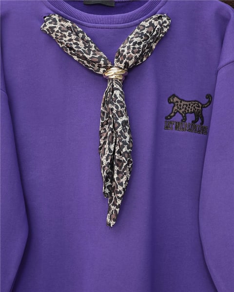 Fularlı Leopar Armalı 3 İplik Sweat  -Mor-Sweatshirt-349-5288-R34
