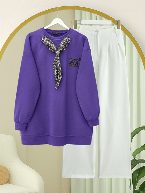 Fularlı Leopar Armalı 3 İplik Sweat  -Mor-Sweatshirt-349-5288-R34