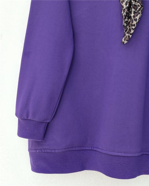 Fularlı Leopar Armalı 3 İplik Sweat  -Mor-Sweatshirt-349-5288-R34