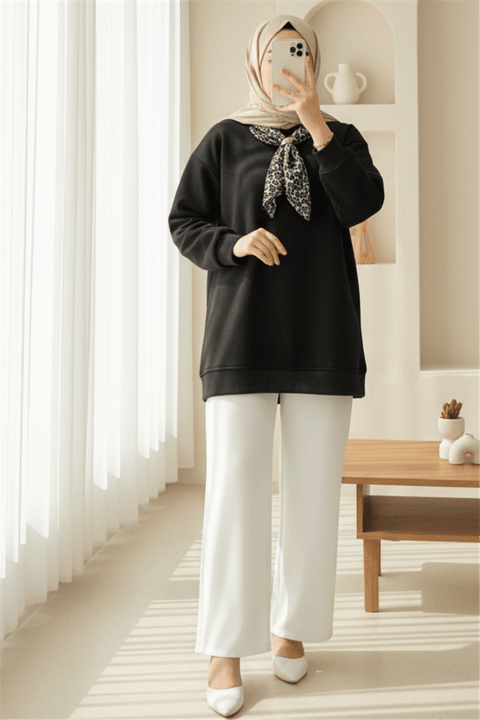 Fularlı Leopar Armalı 3 İplik Sweat -Siyah-Sweatshirt-349-5288-R01