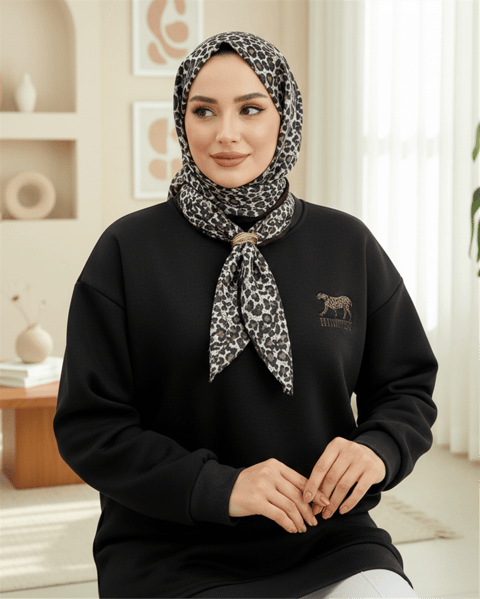 Fularlı Leopar Armalı 3 İplik Sweat -Siyah-Sweatshirt-349-5288-R01